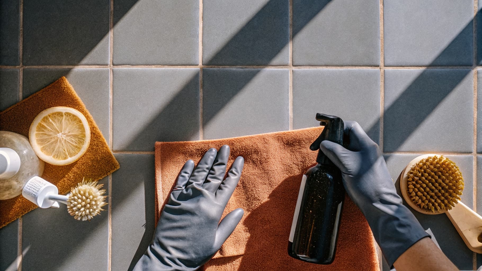 Cleaning supplies arranged on a counter